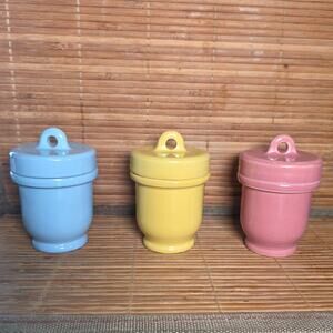 Antique 1920s Pastel Ceramic Egg Coddlers Trio Set Blue Yellow Pink England